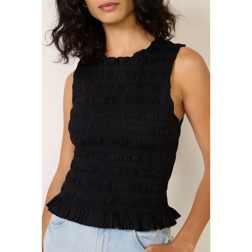 NWT Pistola Phoebe Crew Neck Ruffle Hem Smocked Sleeveless Tank Top Black Small - Picture 6 of 7